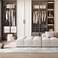 Modern Walk in Closet Interior With White Cabinets Hanging Clothes And Upholstered Bench